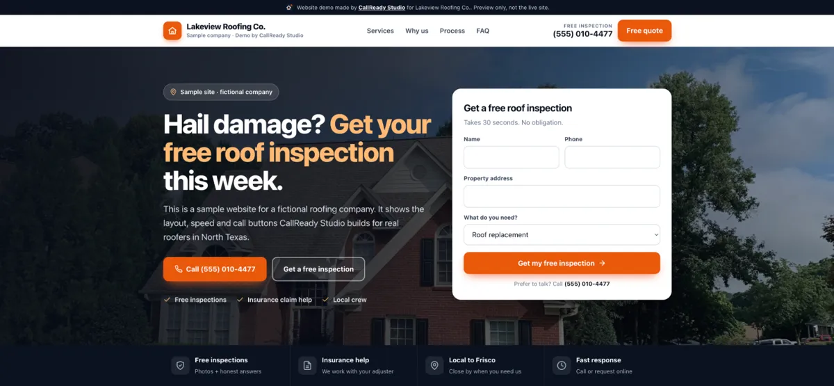 Sample roofing website homepage with photo, headline, call button and free inspection form